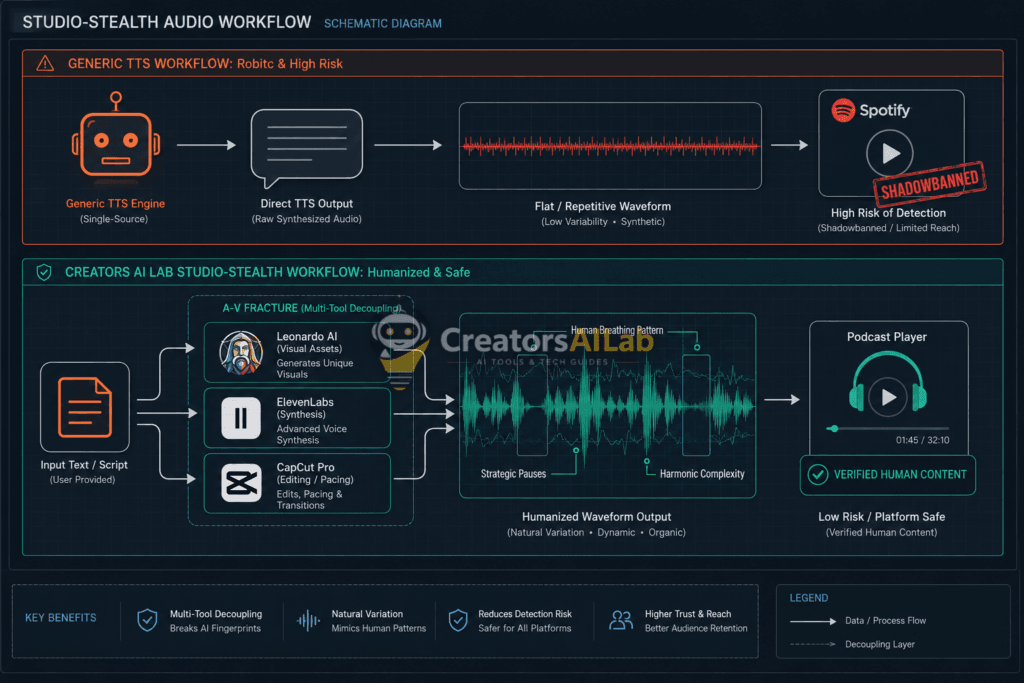 Schematic diagram showing Creators AI Lab Studio-Stealth workflow vs generic TTS engine to bypass shadowbans, How to Make AI Voice Sound Natural | Creators AI Lab