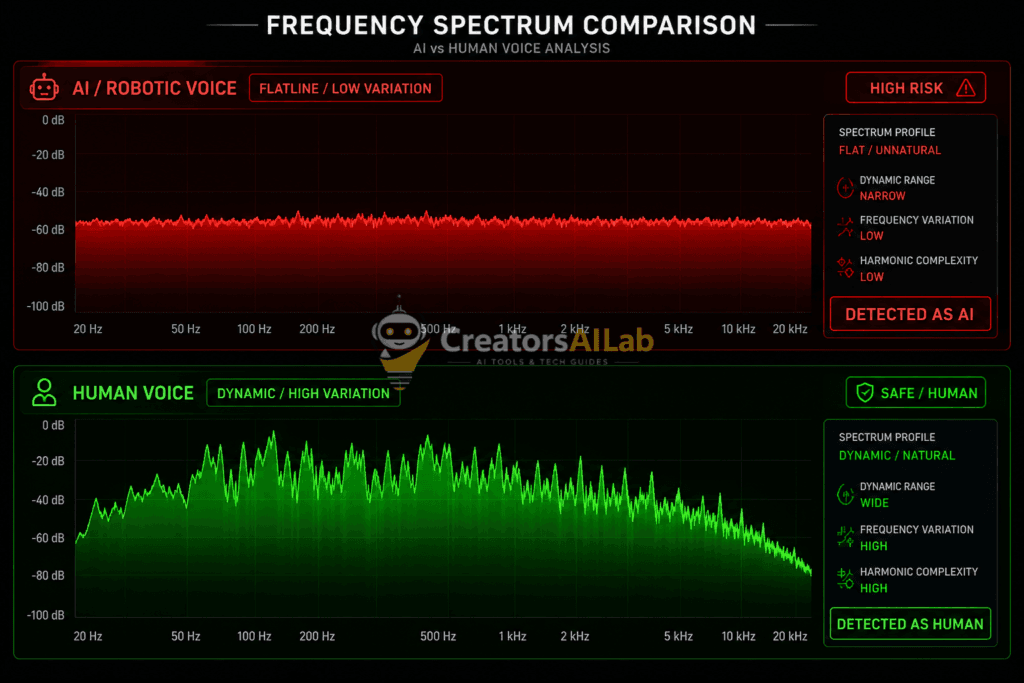Frequency spectrum comparison showing flatline AI robotic voice detection versus dynamic human voice analysis, How to Make AI Voice Sound Natural | Creators AI Lab
