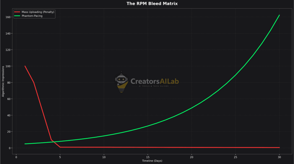 RPM bleed matrix showing the impact of mass uploading vs phantom pacing on youtube shorts | Creators AI Lab