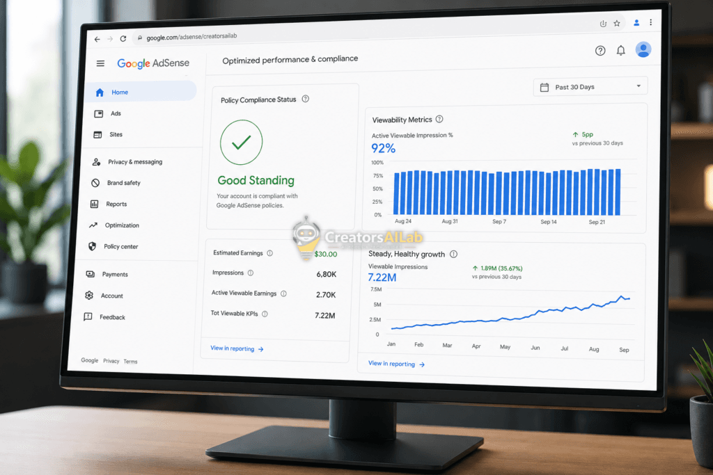 AdSense dashboard displaying healthy metrics and compliance checkmarks | Creators AI Lab