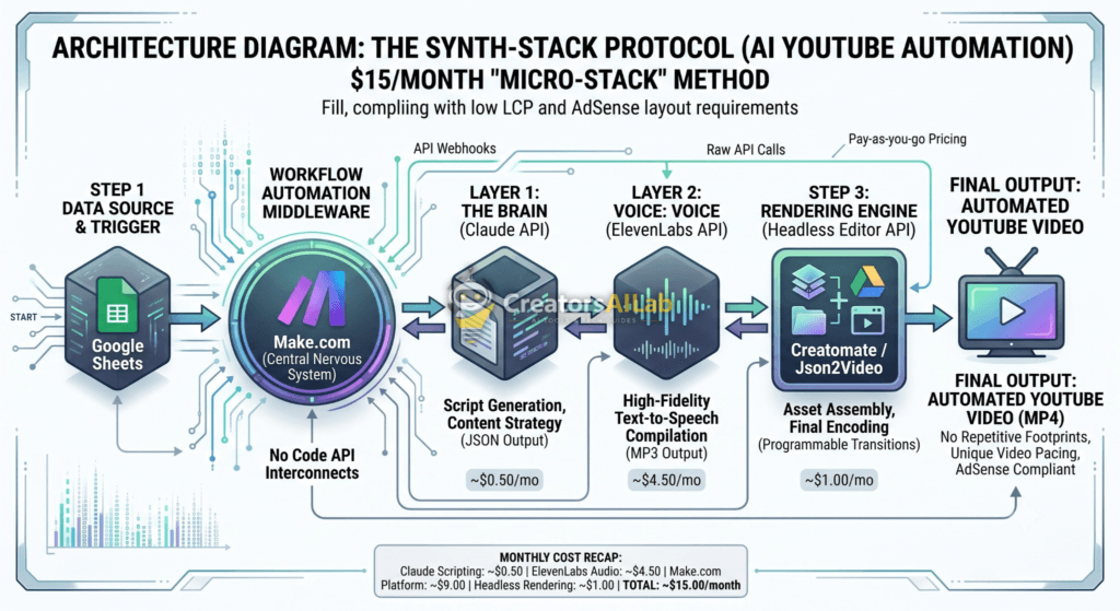 Architecture diagram of the Synth-Stack Protocol for automated YouTube video creation | Creators AI Lab