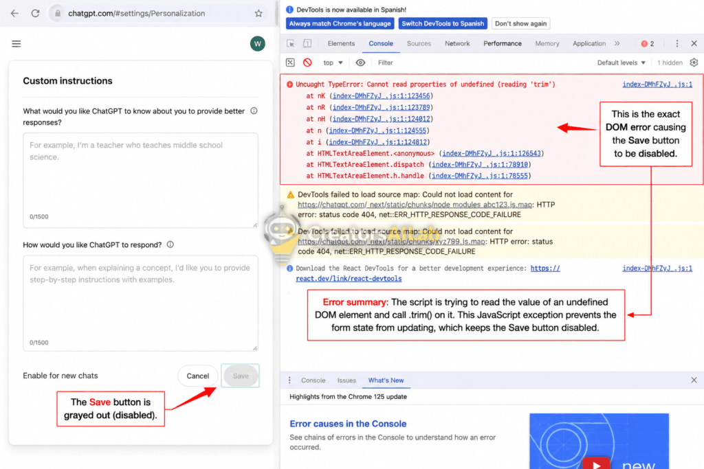 Chrome developer console showing the exact script error causing the chatgpt save button grayed out custom instructions fix requirement | Creators AI Lab