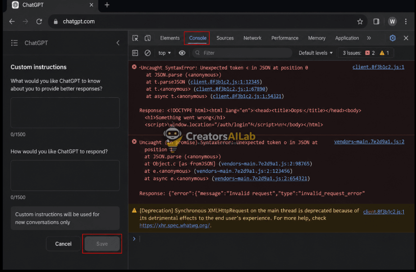 Chrome developer tools showing the exact JSON parsing syntax error requiring a chatgpt save button grayed out custom instructions fix | Creators AI Lab