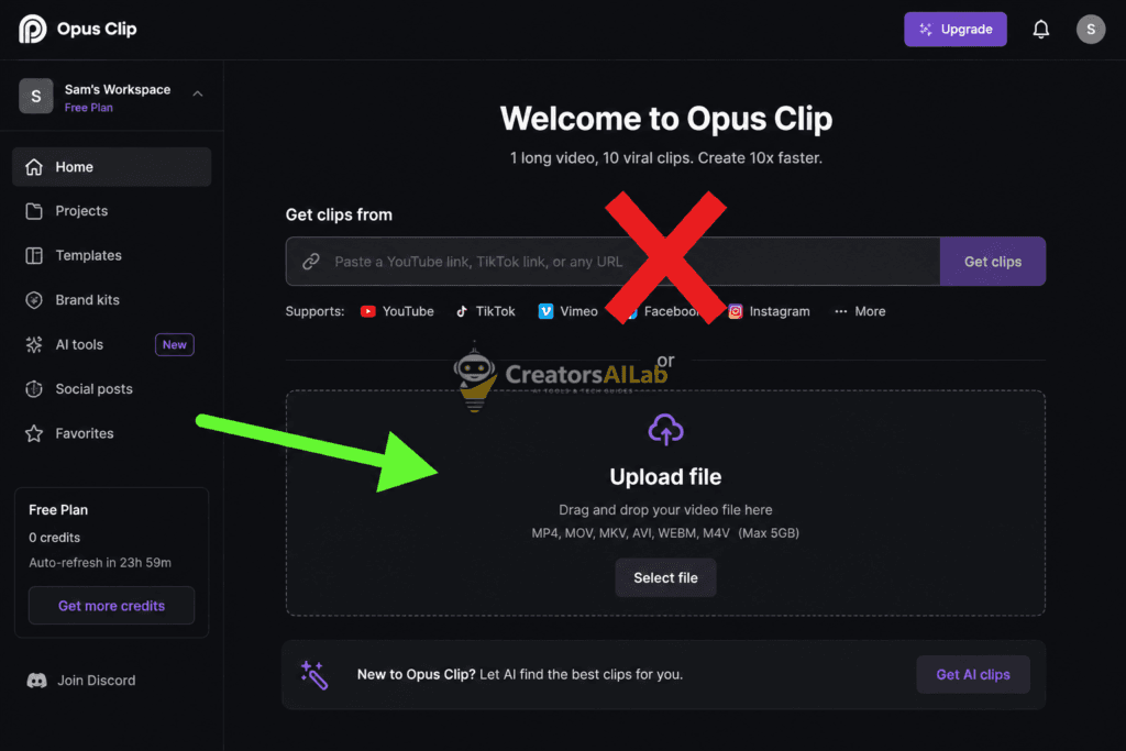 Comparing the URL input method versus direct file upload to bypass the opus clip audio extraction failed error | Creators AI Lab