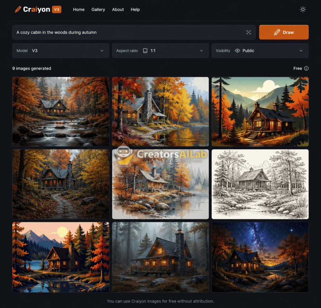 Craiyon V3 generating nine free AI images with no watermark and no login required | Creators AI Lab
