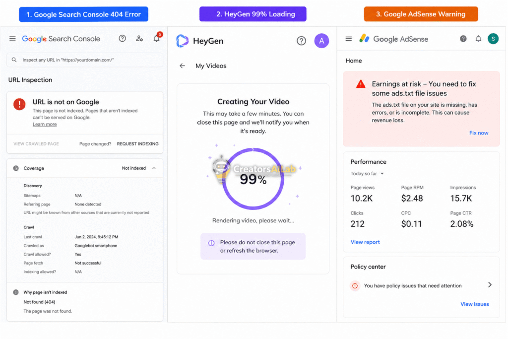 Fix 3 fatal creator tech errors showing Rank Math, HeyGen, and AdSense warnings