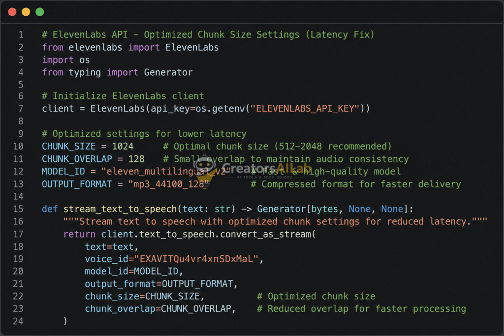 Fix AI creator workflow errors, ElevenLabs API latency fix, Python code snippet
