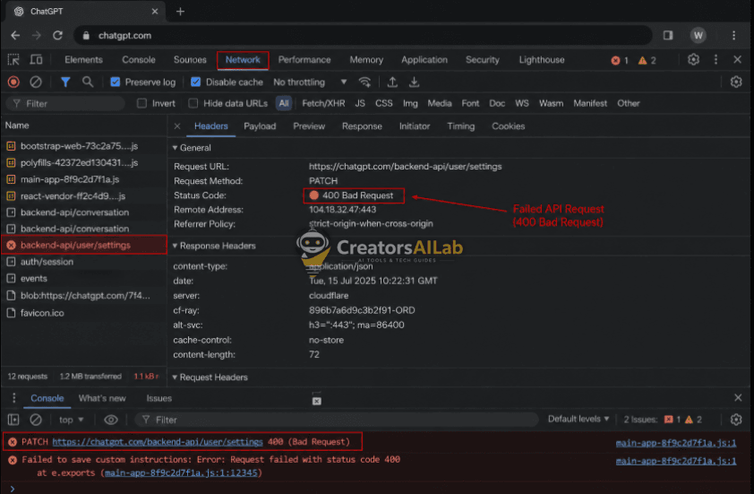 Inspecting the failed network payload when the chatgpt custom instructions not saving error occurs | Creators AI Lab