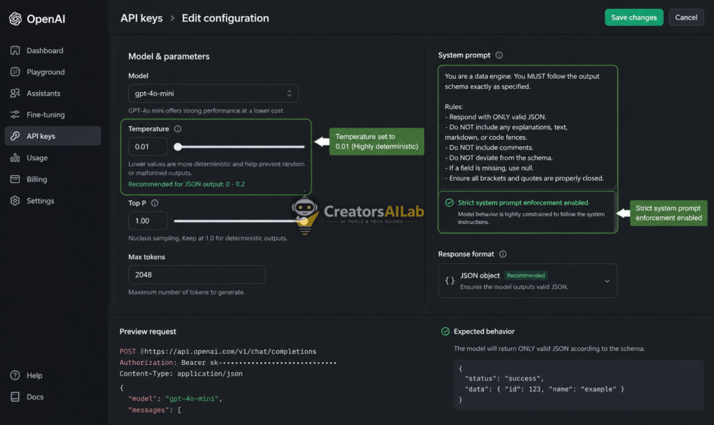 OpenAI API settings interface demonstrating how to force raw JSON output and avoid malformed data errors.