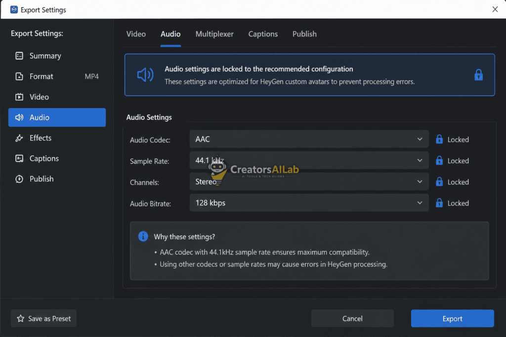 Optimal audio bitrate settings for HeyGen custom avatars to prevent errors | Creators AI Lab