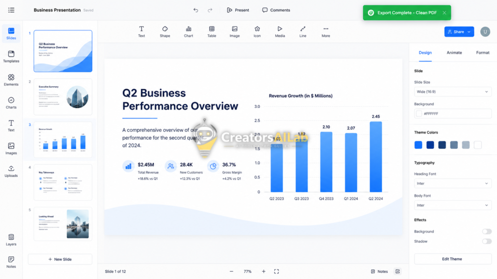 Proof of clean PDF export from free AI presentation makers with no watermark 