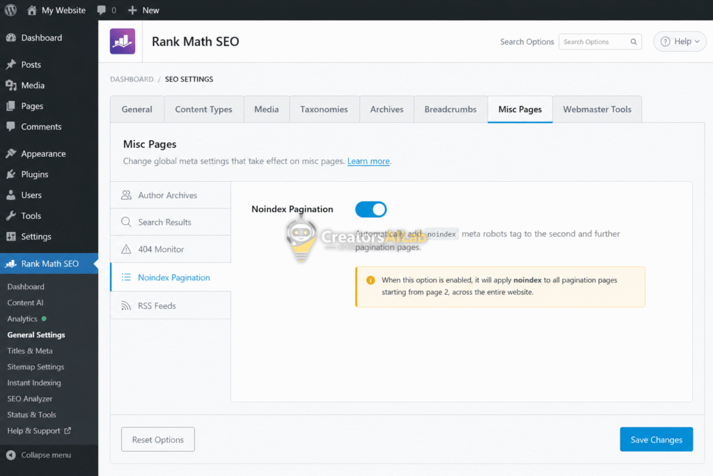 Fix WordPress AI Blogging Errors; set Rank Math noindex pagination settings to address Google Search Console crawl budget issues.