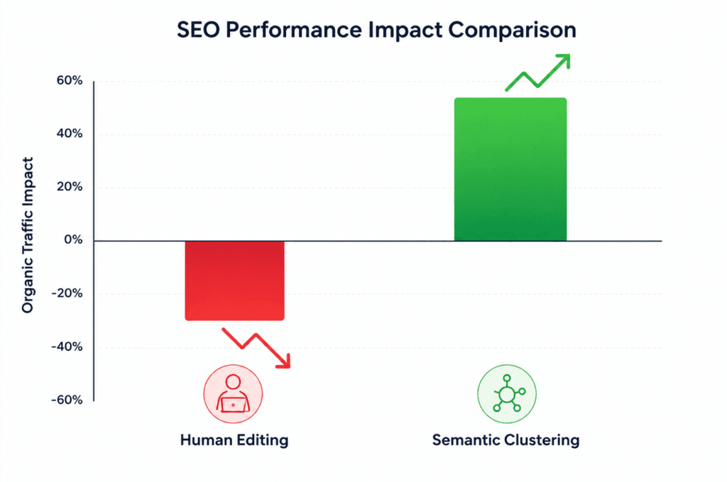 Data chart showing why human editing fails as a Google algorithmic demotion fix compared to semantic clustering | Creators AI Lab