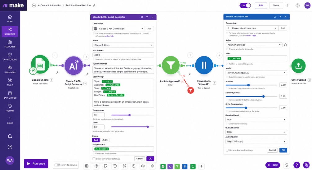 Visual blueprint of a low cost ai voiceover and script generator setup inside Make | Creators AI Lab