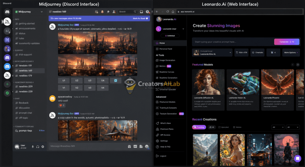 Side by side comparison of Midjourney Discord UI versus a clean AI image generator web interface | Creators AI Lab