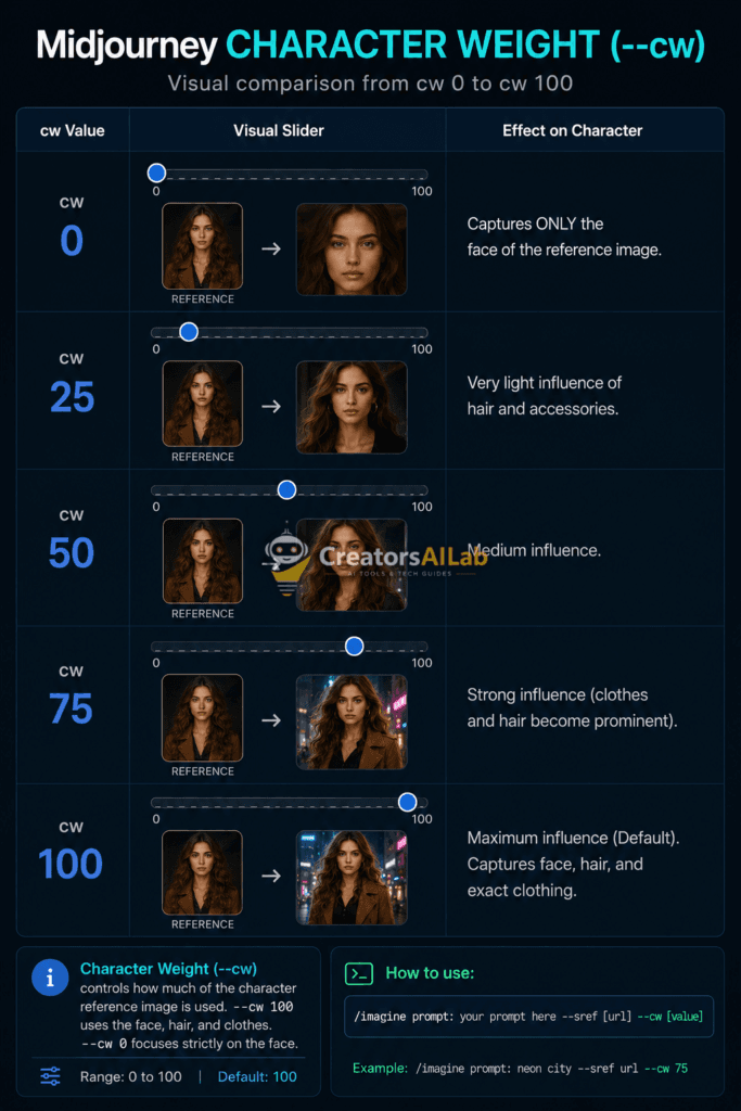 Visual comparison of Midjourney character weight from zero to one hundred | Creators AI Lab