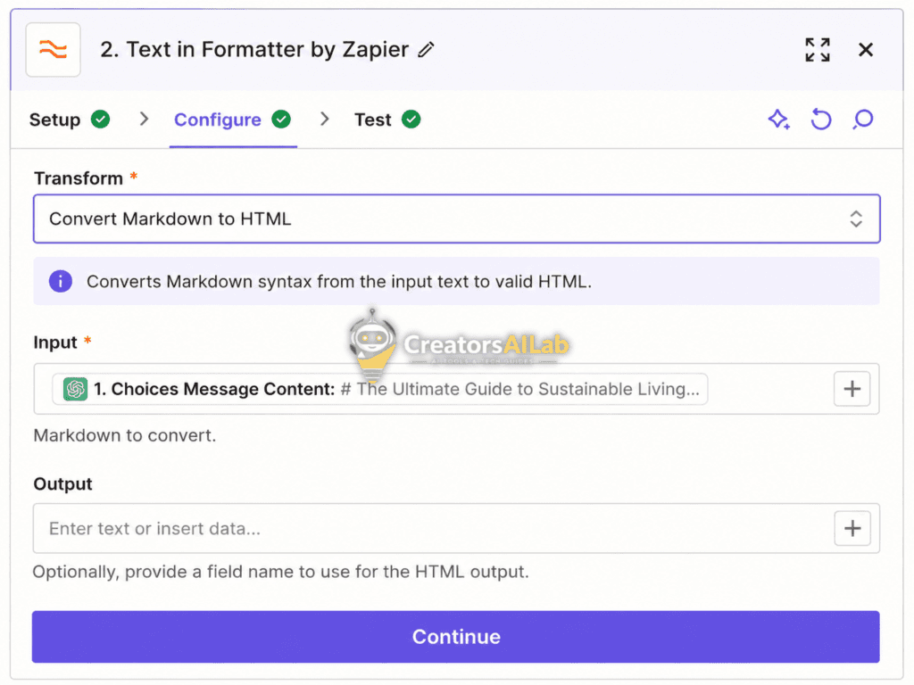 Zapier formatter text to HTML configuration screen | Creators AI Lab