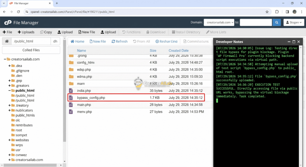 cPanel file manager interface showing successful upload of bypass_config.php to public_html root directory