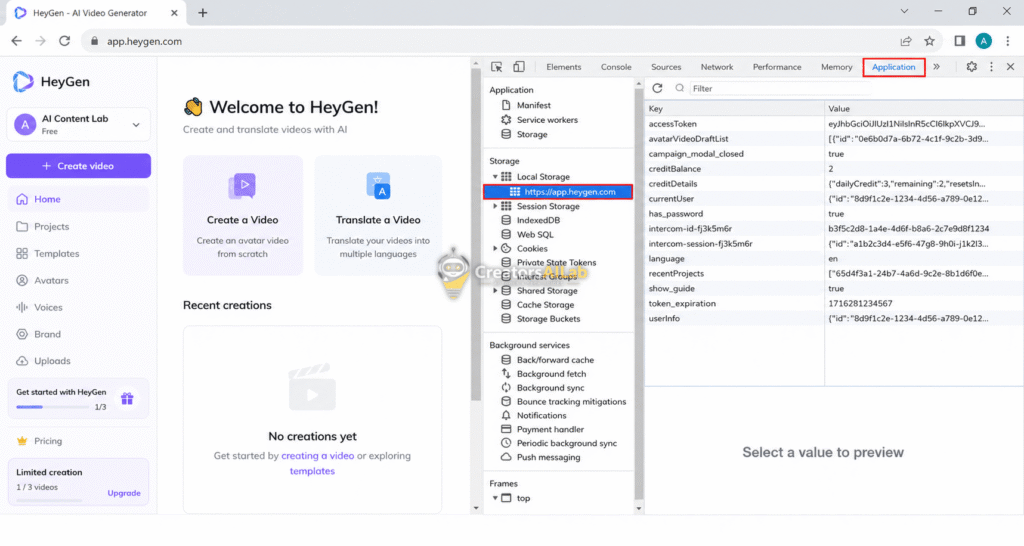 Using Chrome Developer Tools application tab to clear local storage and fix HeyGen video rendering stuck at 99 percent