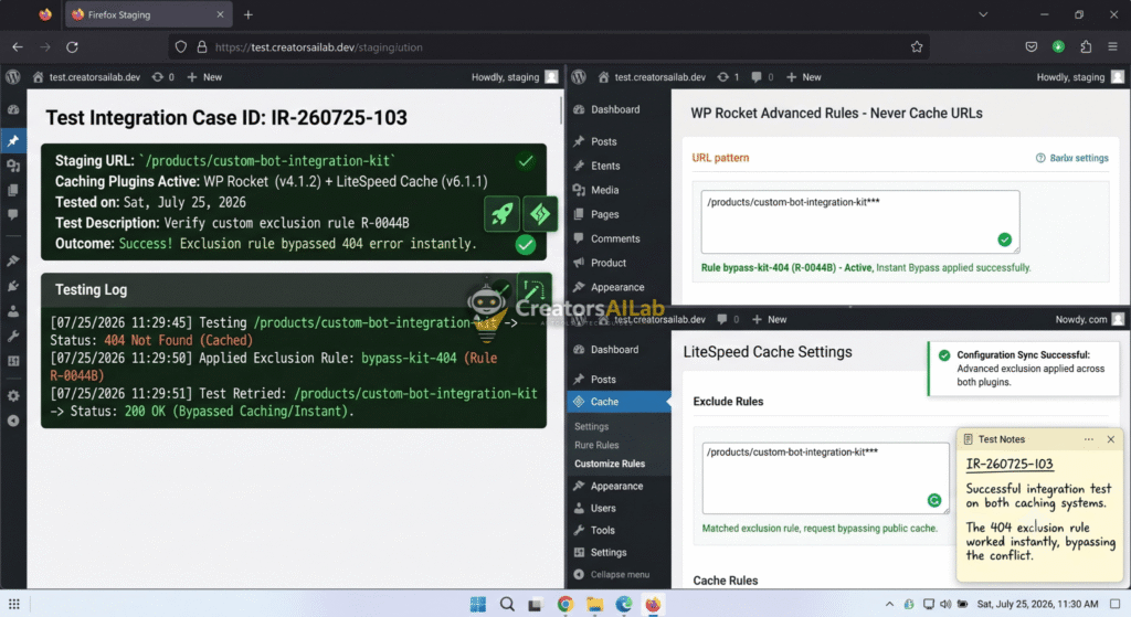 Screenshot of WordPress dashboard showing successful test of caching exclusion rules in WP Rocket and LiteSpeed Cache instantly bypassing a 404 error.