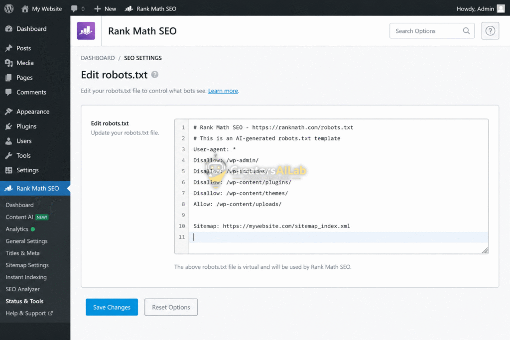 AI robots.txt template via Rank Math settings.