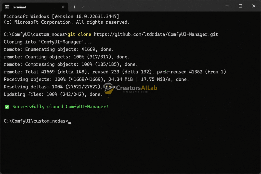 ComfyUI missing nodes error fix via command line.
