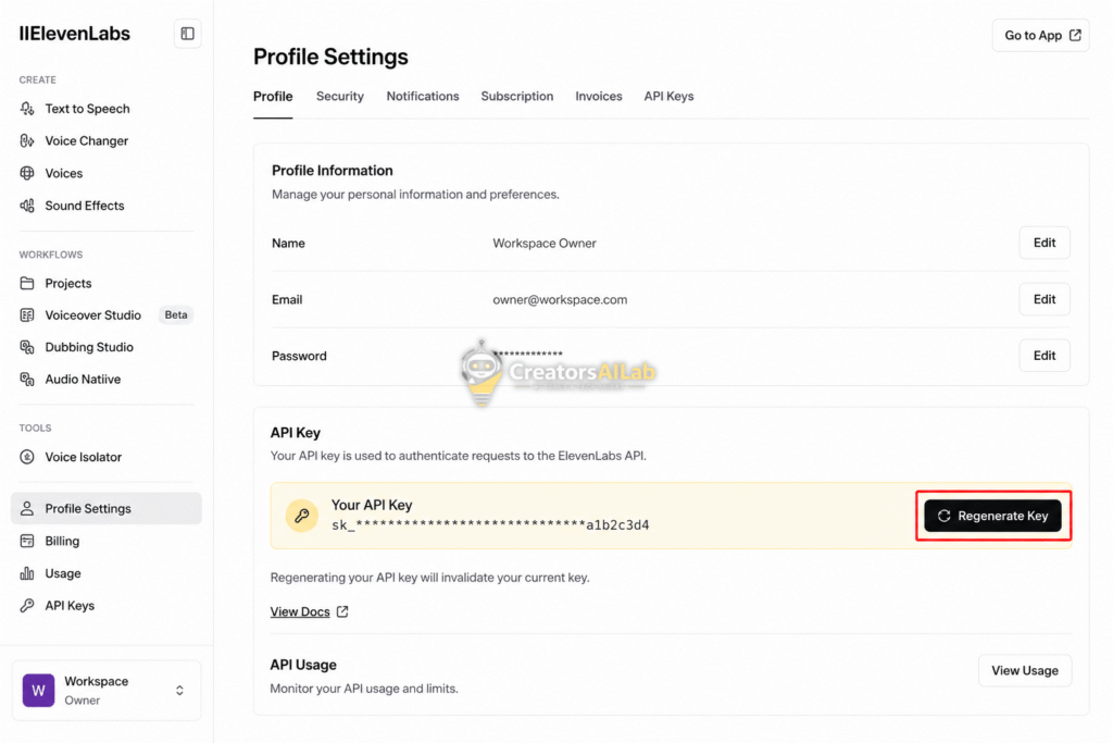 ElevenLabs API limit fix regenerate key button in profile settings.