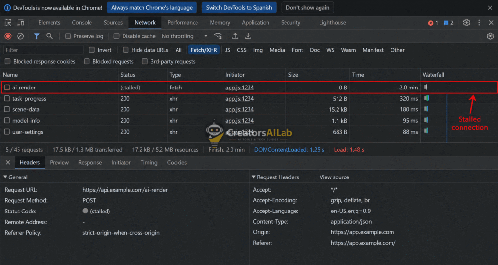 Fix AI render freeze network tab stalled connection