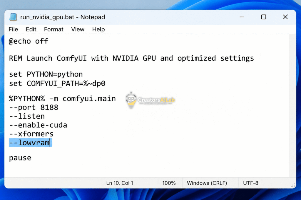 Fix comfyui cuda oom and wordpress api 429 errors by enabling lowvram flag.