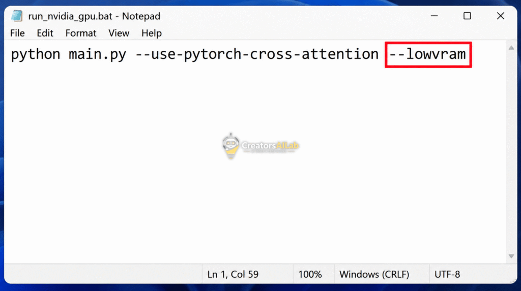 Flux 8GB VRAM settings lowvram command.