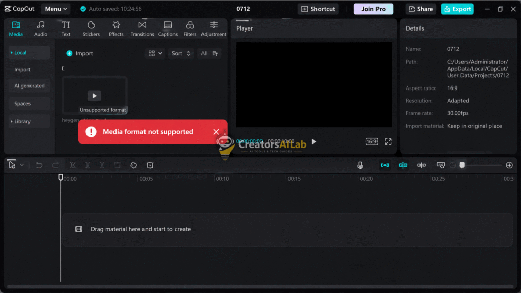 HeyGen unsupported format capcut import error.