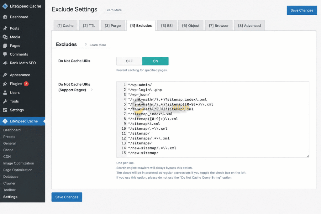LiteSpeed Rank Math conflict exclusion regex settings