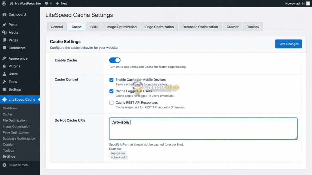 LiteSpeed Cache dynamic API conflict URI exclusion rule.