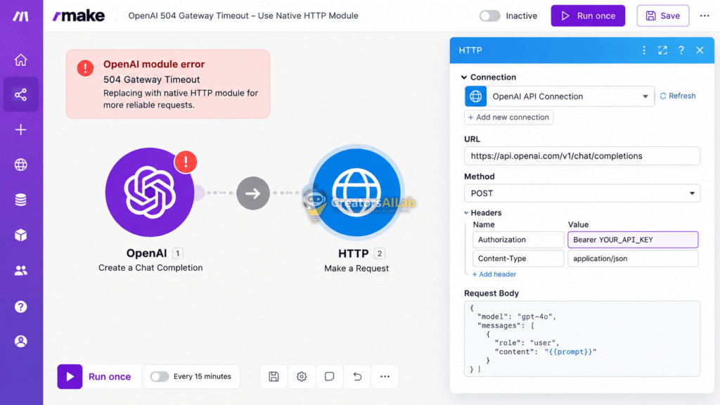 AI Developer Workflow Errors: Make.com OpenAI 504 gateway timeout replacement.