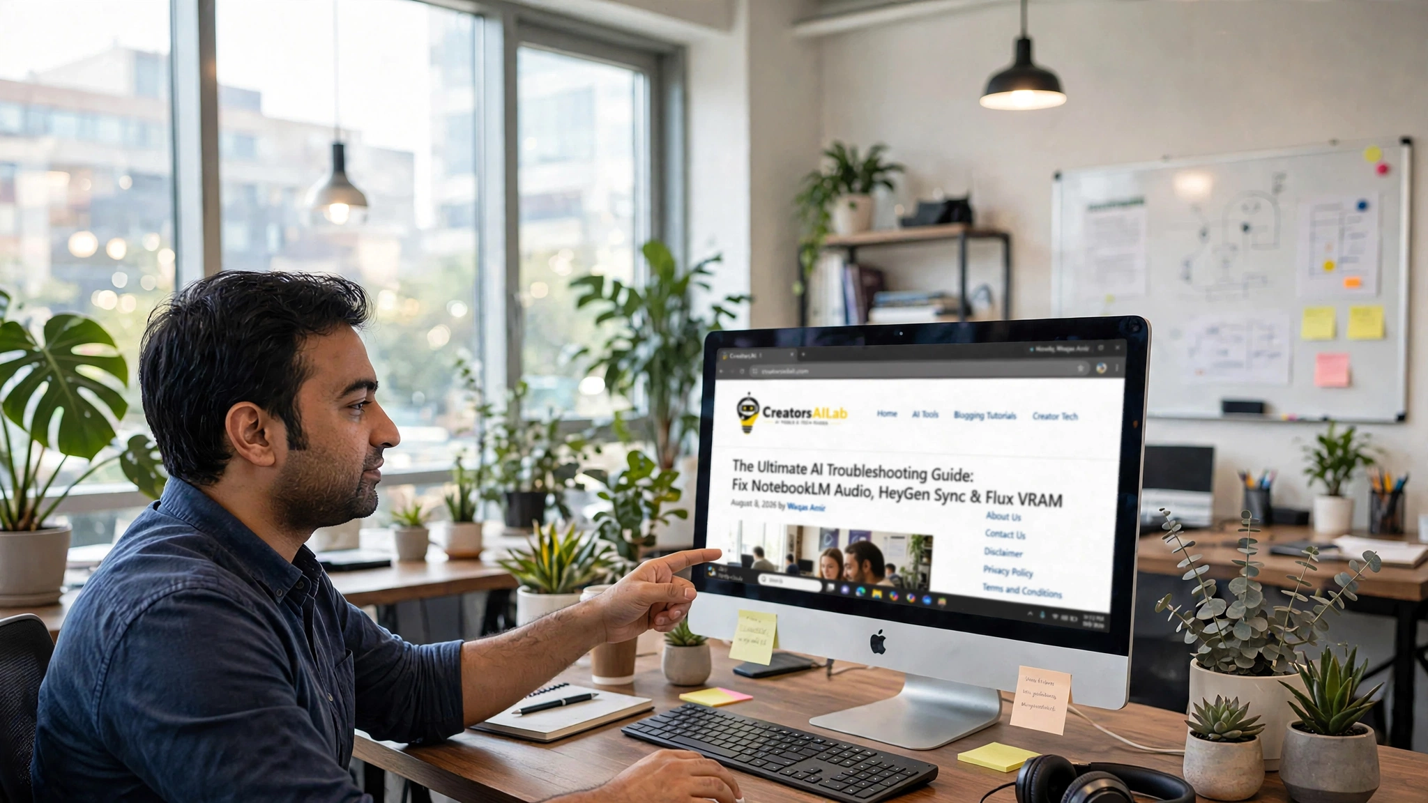 Muhammad Waqas Amir, Lead Technical Editor and Head of Content at Creators AI Lab, presenting an AI troubleshooting workflow on a desktop monitor in a modern office.