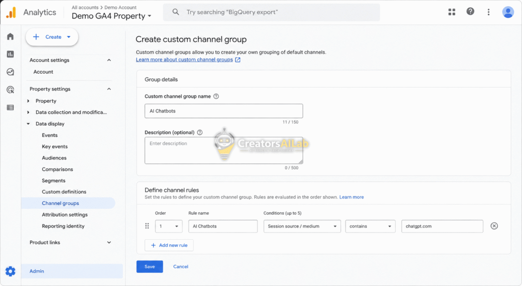 SearchGPT GA4 tracking custom channel group setup.