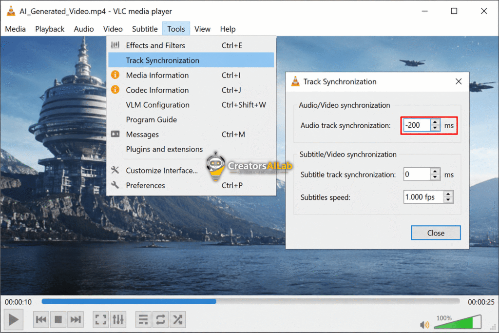 fix AI video desync using VLC audio track adjust.