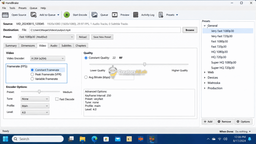 Fix HandBrake constant frame rate settings.