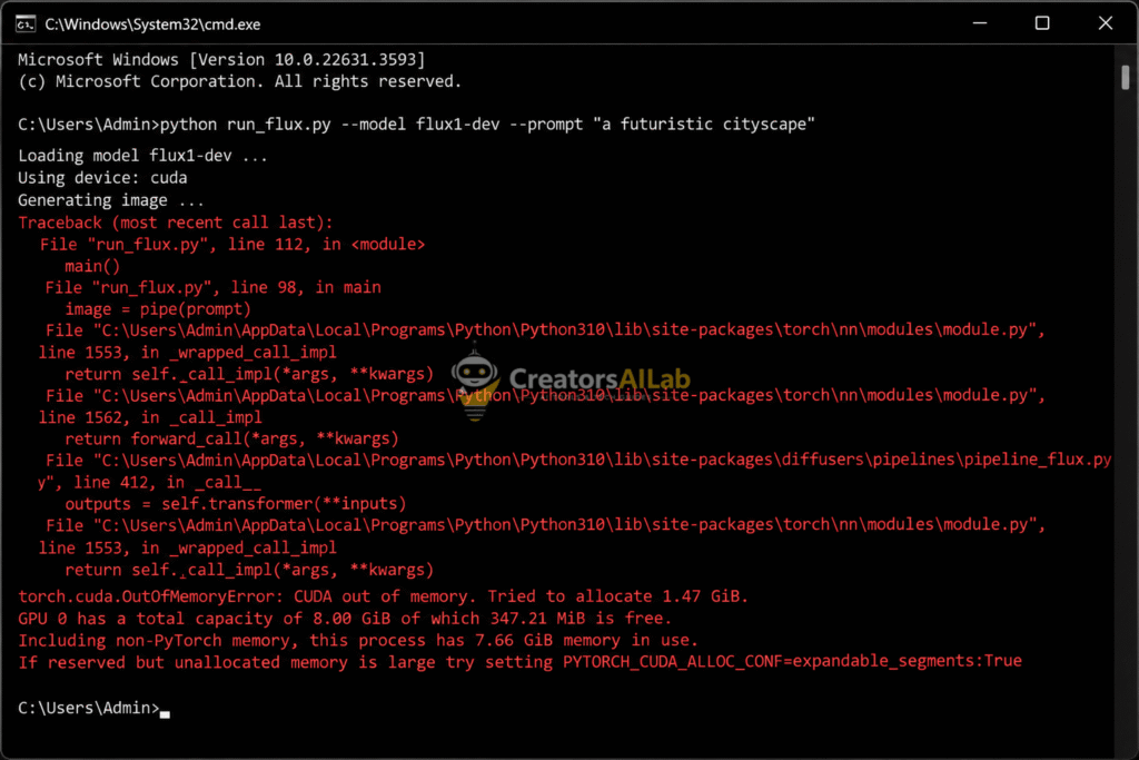 Flux 1 out of memory command prompt error.
