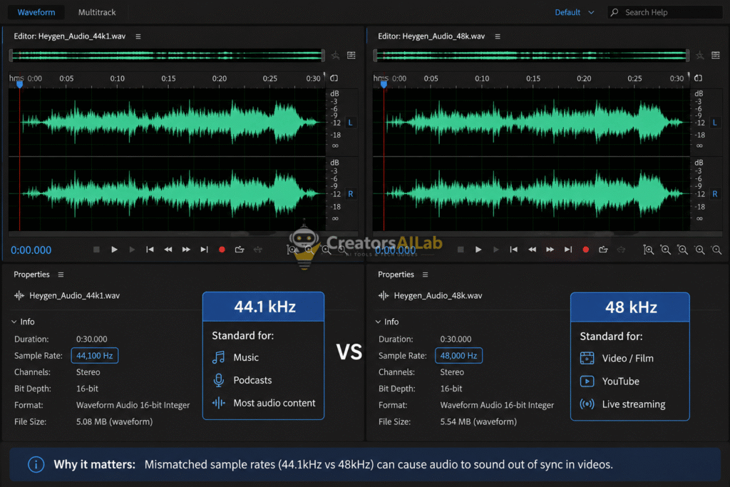 Heygen audio out of sync sample rate mismatch.